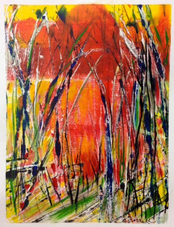 Sunset through the Marsh, monoprint, ink and mixed water media on paper, 10"H x 8"W